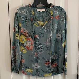 LOFT Teal Floral Peasant BohoTie-Neck Blouse